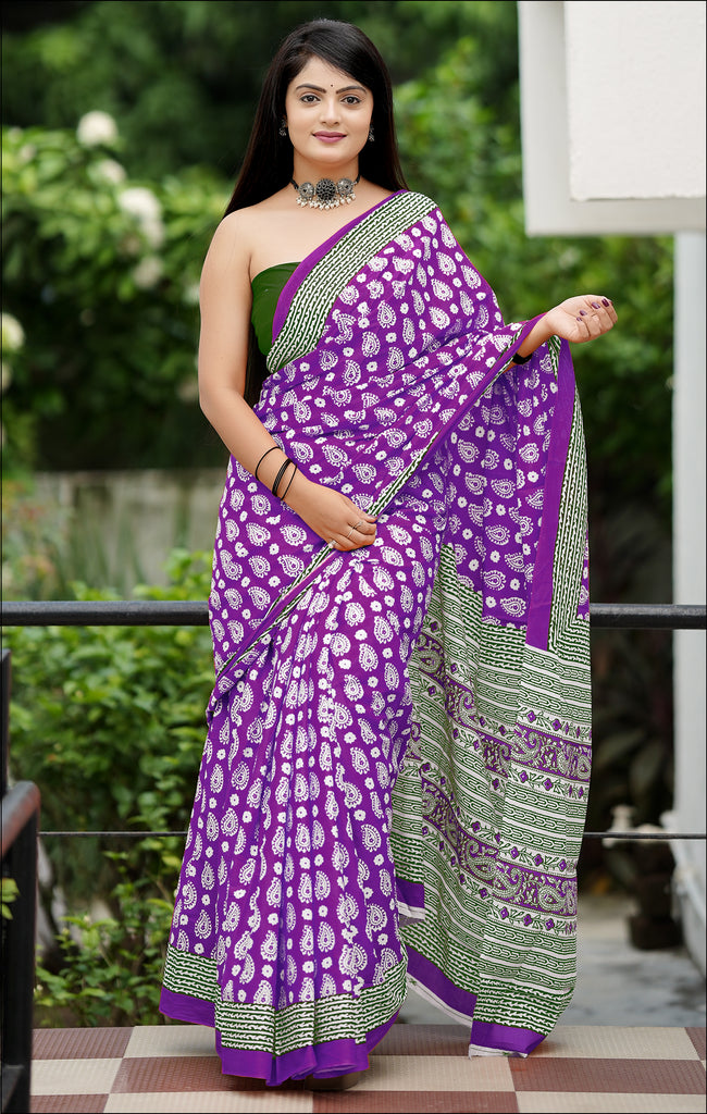 MISS JULIYANA PRIMUM COTTON JAIPUR BAGRU PRINTED COTTON MULMUL PURPEL SAREE