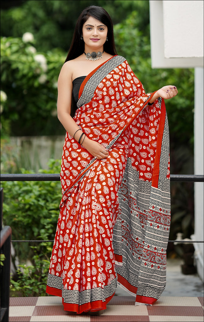 MISS JULIYANA PRIMUM COTTON JAIPUR BAGRU PRINTED COTTON MULMUL RUST RED SAREE