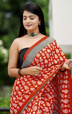 MISS JULIYANA PRIMUM COTTON JAIPUR BAGRU PRINTED COTTON MULMUL RUST RED SAREE