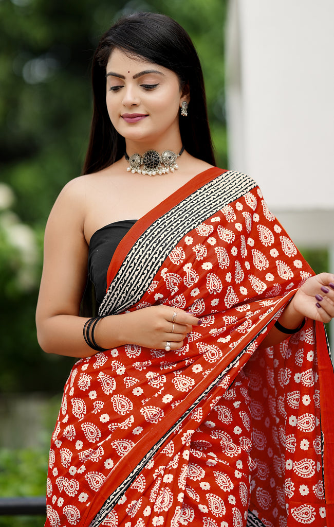 MISS JULIYANA PRIMUM COTTON JAIPUR BAGRU PRINTED COTTON MULMUL RUST RED SAREE