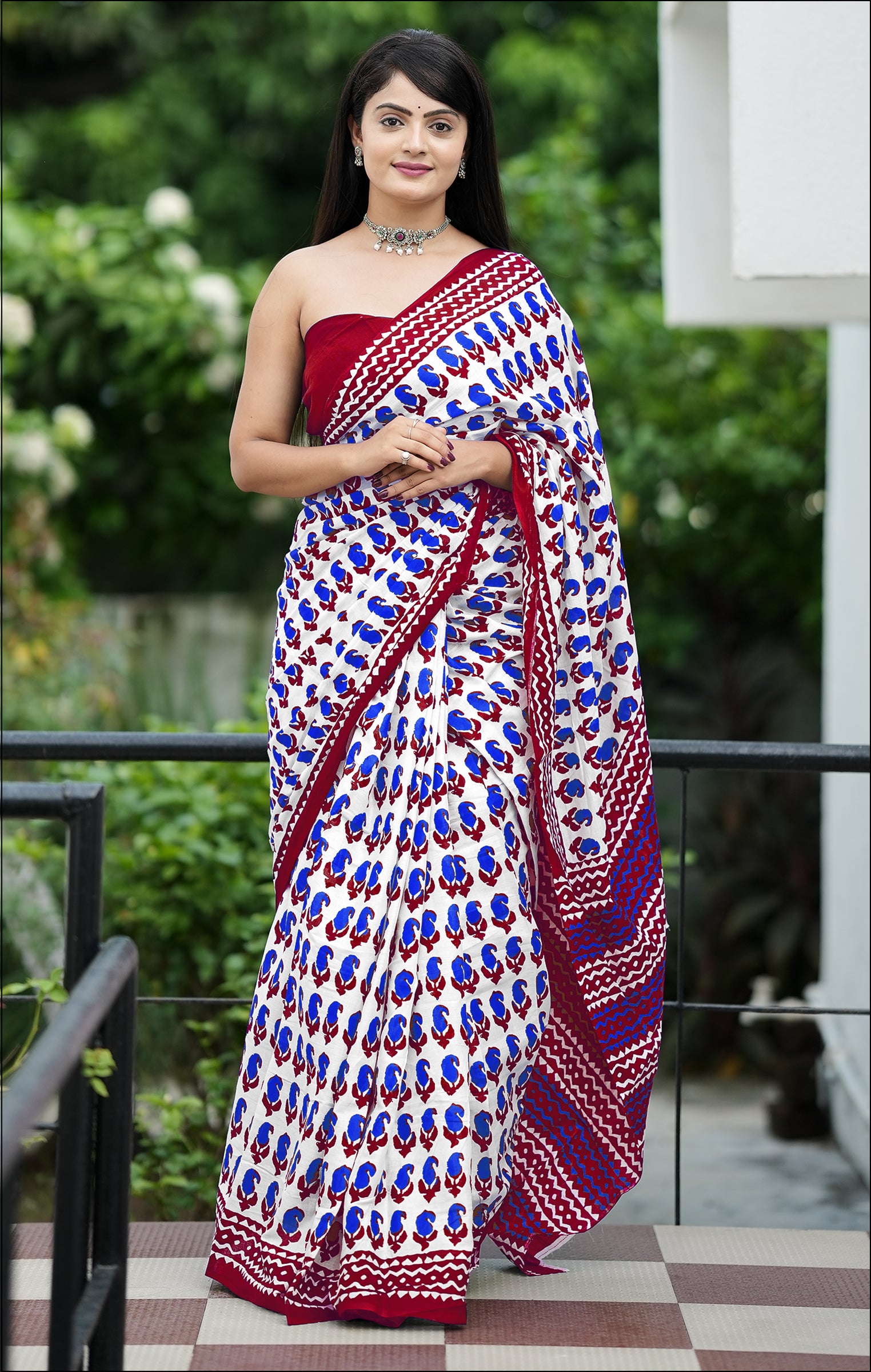 MISS JULIYANA PRIMUM COTTON JAIPUR BAGRU PRINTED COTTON MULMUL BLUE SAREE