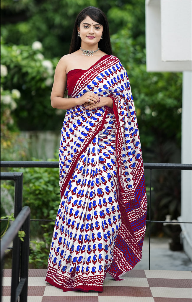 MISS JULIYANA PRIMUM COTTON JAIPUR BAGRU PRINTED COTTON MULMUL BLUE SAREE