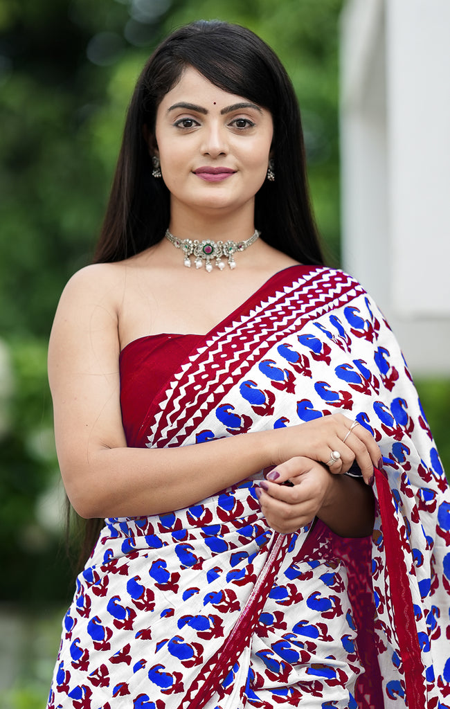 MISS JULIYANA PRIMUM COTTON JAIPUR BAGRU PRINTED COTTON MULMUL BLUE SAREE