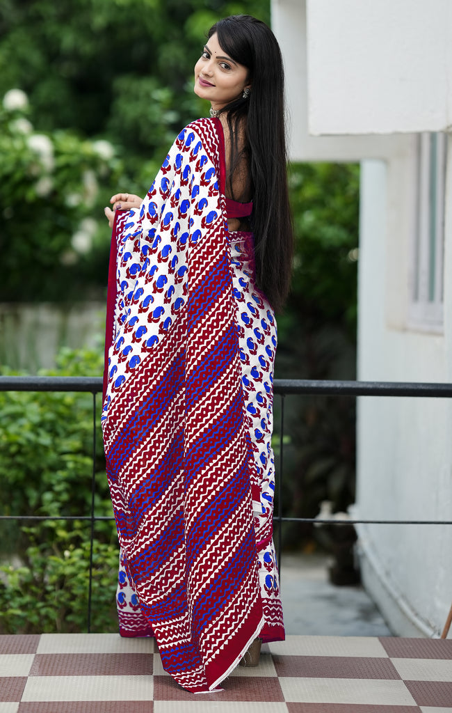 MISS JULIYANA PRIMUM COTTON JAIPUR BAGRU PRINTED COTTON MULMUL BLUE SAREE