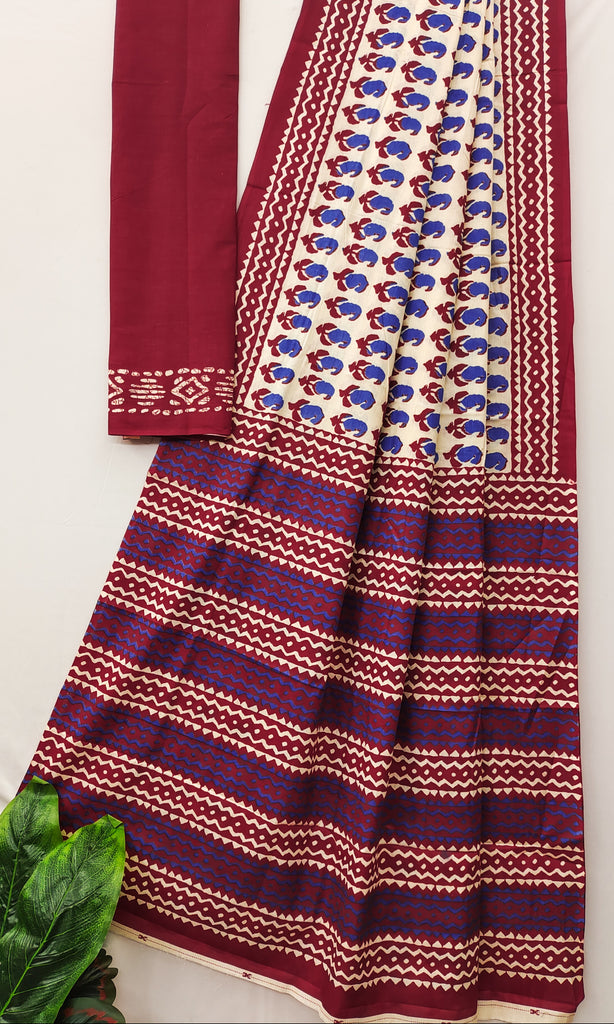 MISS JULIYANA PRIMUM COTTON JAIPUR BAGRU PRINTED COTTON MULMUL BLUE SAREE