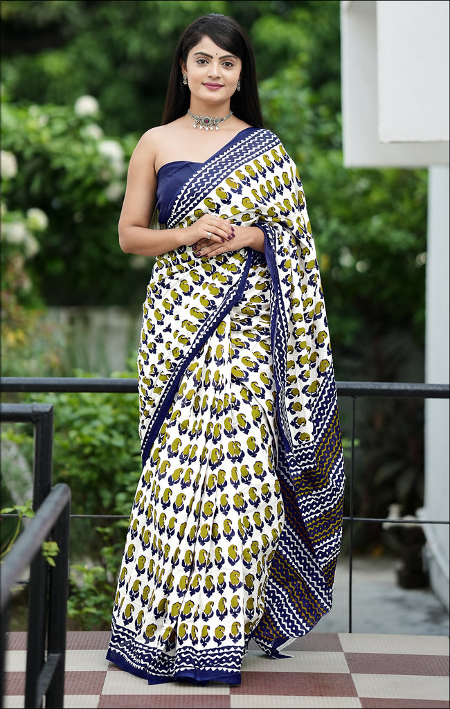 MISS JULIYANA PRIMUM COTTON JAIPUR BAGRU PRINTED COTTON MULMUL GREEN SAREE