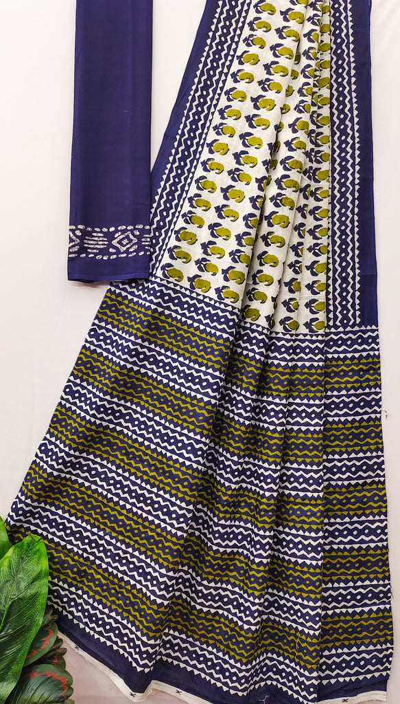 MISS JULIYANA PRIMUM COTTON JAIPUR BAGRU PRINTED COTTON MULMUL GREEN SAREE