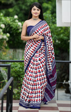MISS JULIYANA PRIMUM COTTON JAIPUR BAGRU PRINTED COTTON MULMUL RED SAREE