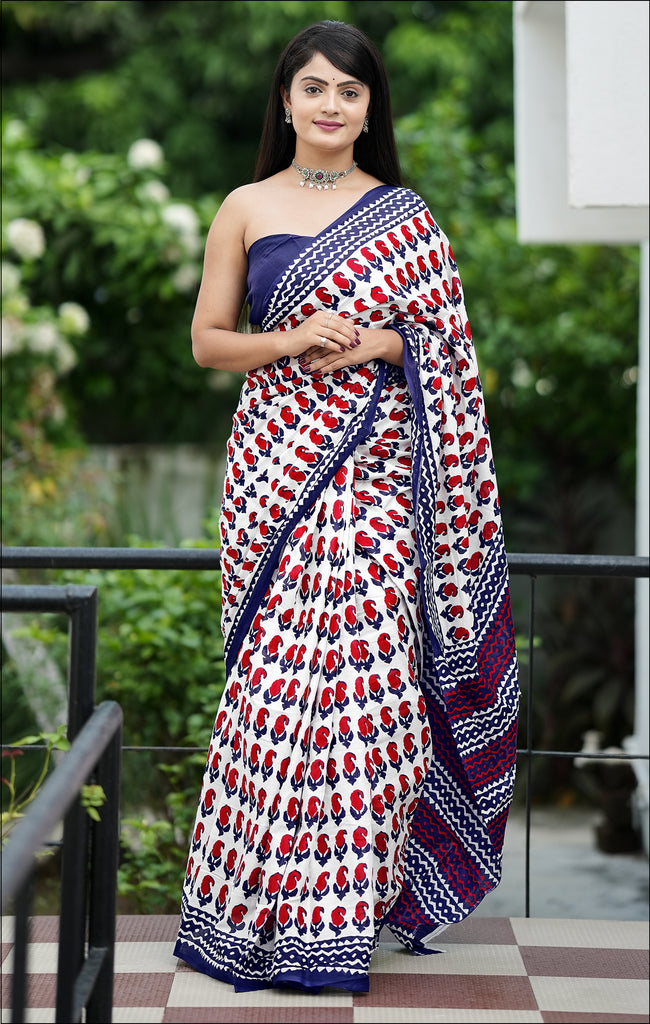 MISS JULIYANA PRIMUM COTTON JAIPUR BAGRU PRINTED COTTON MULMUL RED SAREE
