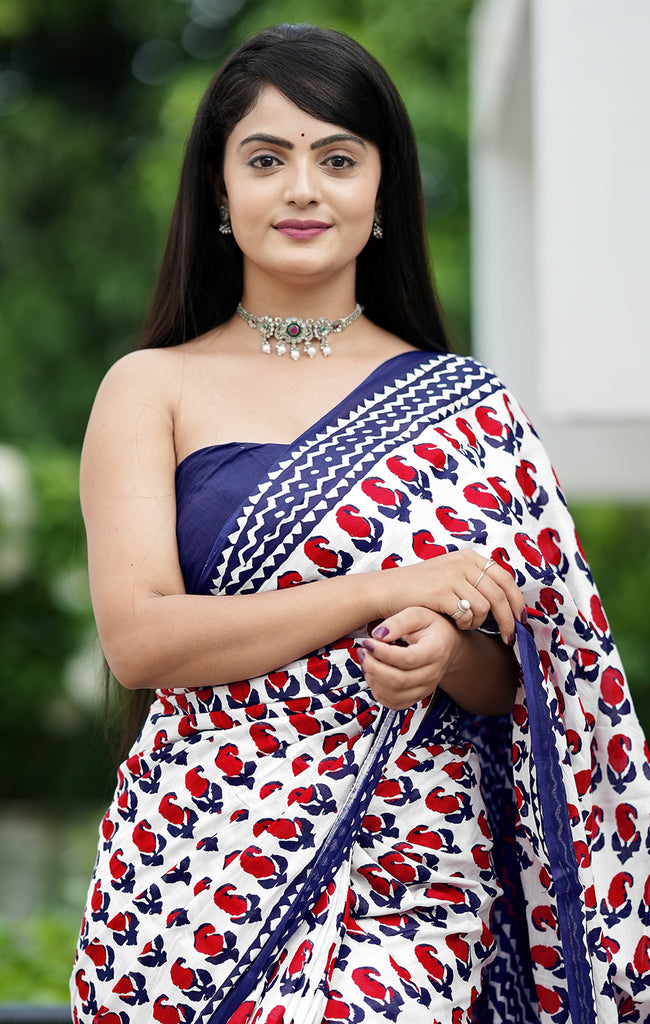 MISS JULIYANA PRIMUM COTTON JAIPUR BAGRU PRINTED COTTON MULMUL RED SAREE