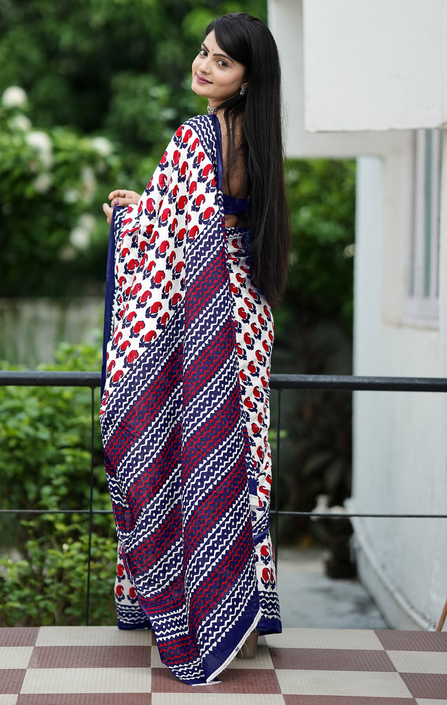 MISS JULIYANA PRIMUM COTTON JAIPUR BAGRU PRINTED COTTON MULMUL RED SAREE