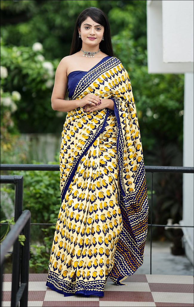 MISS JULIYANA PRIMUM COTTON JAIPUR BAGRU PRINTED COTTON MULMUL YELLOW SAREE