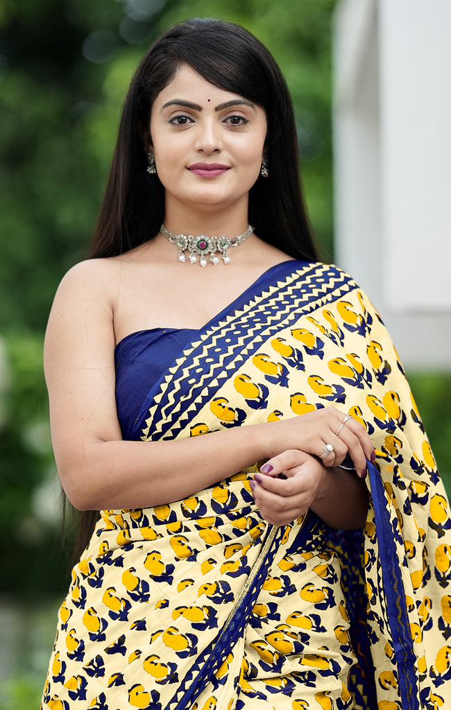 MISS JULIYANA PRIMUM COTTON JAIPUR BAGRU PRINTED COTTON MULMUL YELLOW SAREE