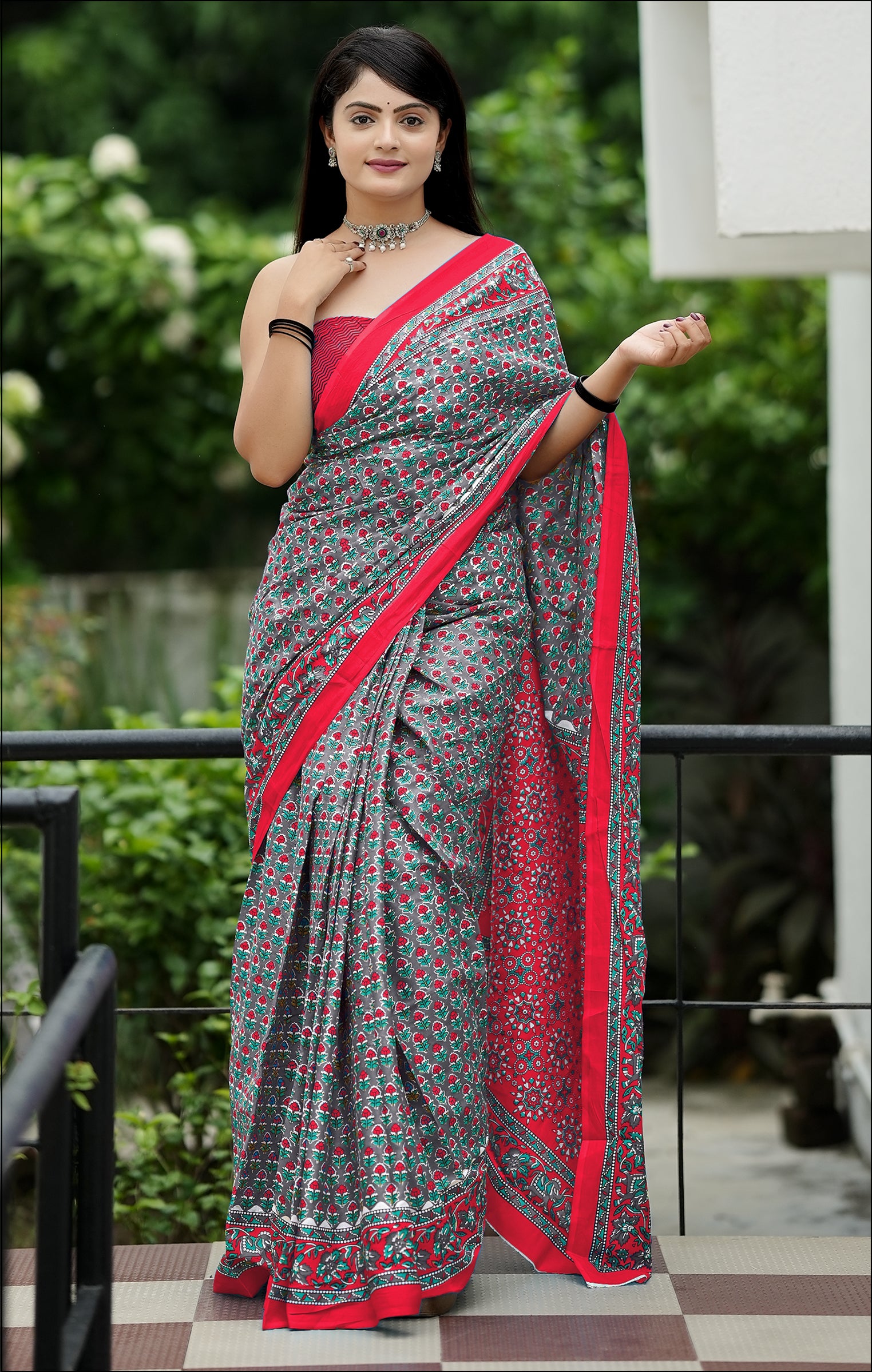 MISS JULIYANA PRIMUM COTTON JAIPUR BAGRU PRINTED COTTON MULMUL GREY SAREE