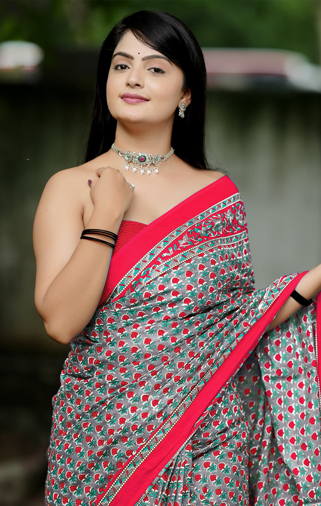 MISS JULIYANA PRIMUM COTTON JAIPUR BAGRU PRINTED COTTON MULMUL GREY SAREE