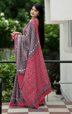MISS JULIYANA PRIMUM COTTON JAIPUR BAGRU PRINTED COTTON MULMUL GREY SAREE