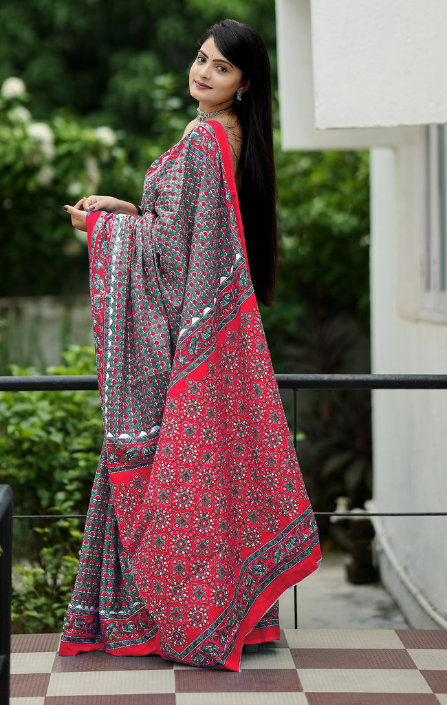 MISS JULIYANA PRIMUM COTTON JAIPUR BAGRU PRINTED COTTON MULMUL GREY SAREE