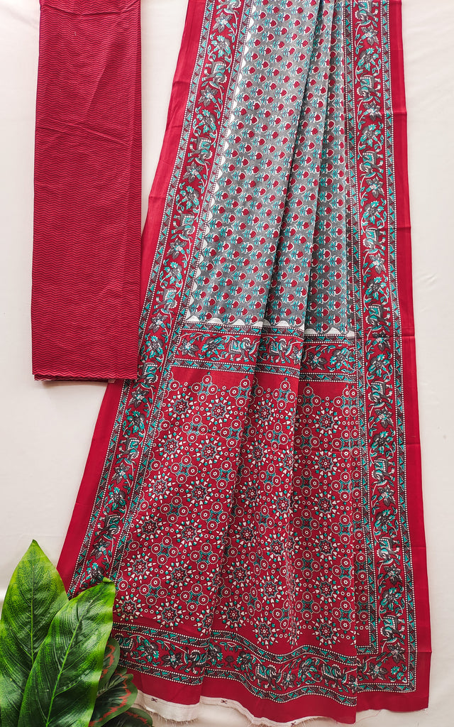 MISS JULIYANA PRIMUM COTTON JAIPUR BAGRU PRINTED COTTON MULMUL GREY SAREE