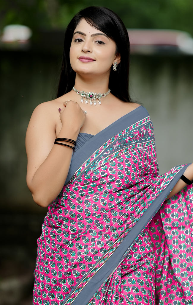 MISS JULIYANA PRIMUM COTTON JAIPUR BAGRU PRINTED COTTON MULMUL PINK SAREE
