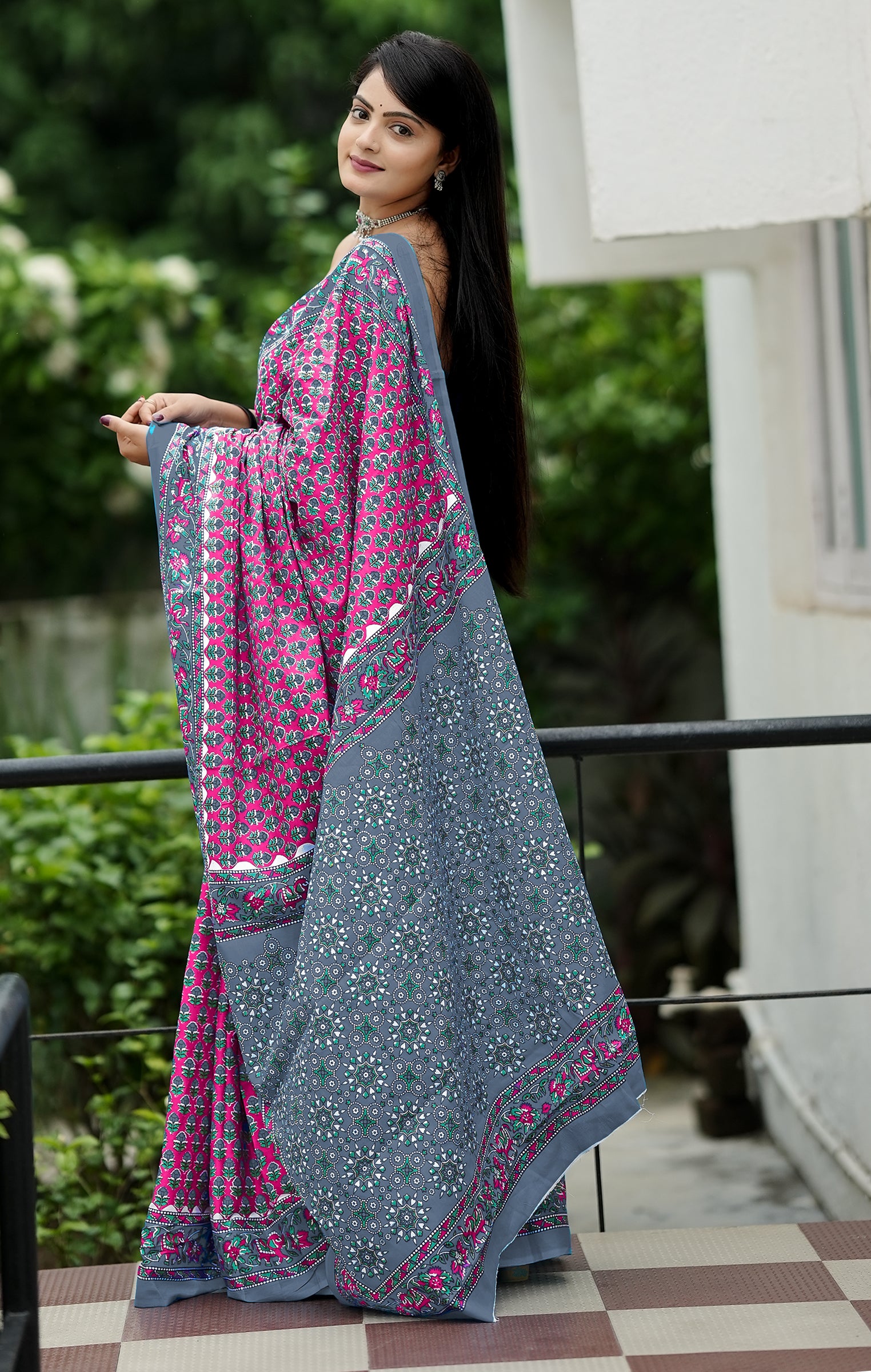 MISS JULIYANA PRIMUM COTTON JAIPUR BAGRU PRINTED COTTON MULMUL PINK SAREE