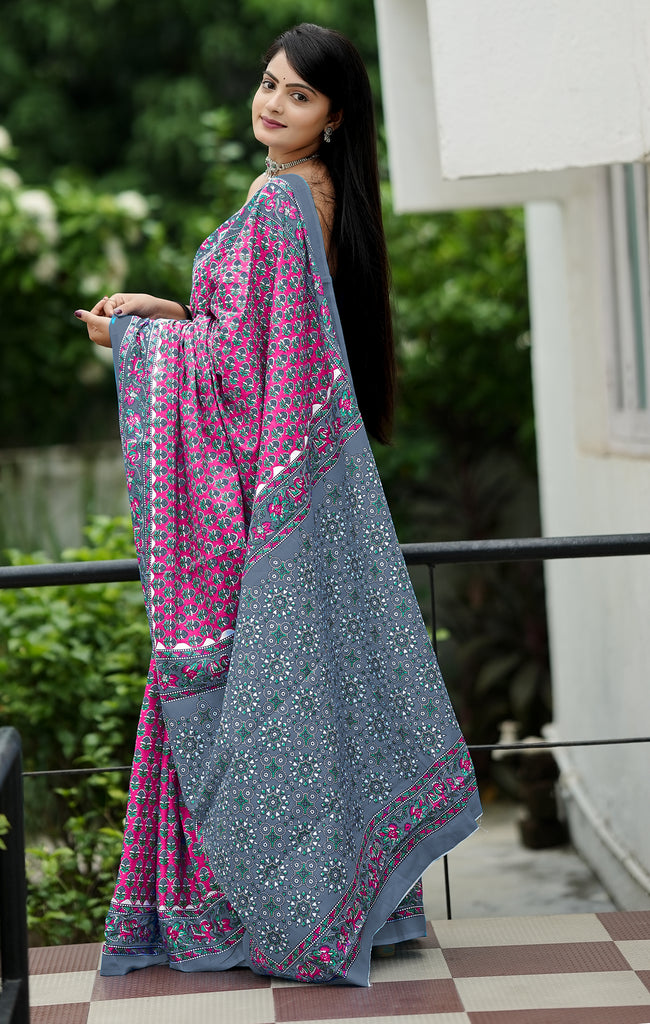 MISS JULIYANA PRIMUM COTTON JAIPUR BAGRU PRINTED COTTON MULMUL PINK SAREE