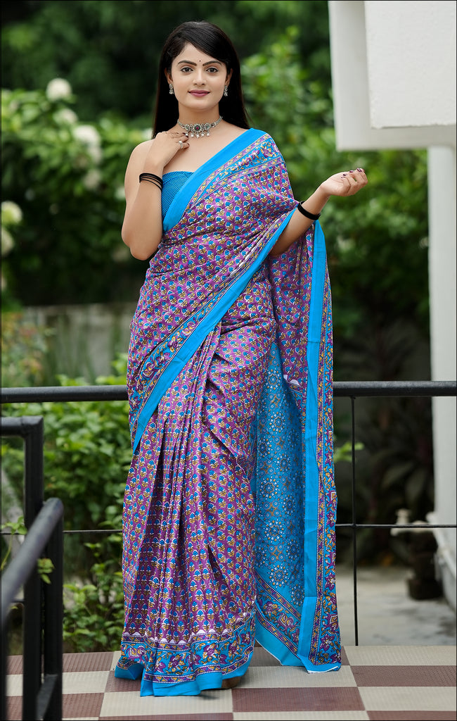 MISS JULIYANA PRIMUM COTTON JAIPUR BAGRU PRINTED COTTON MULMUL PURPLE SAREE