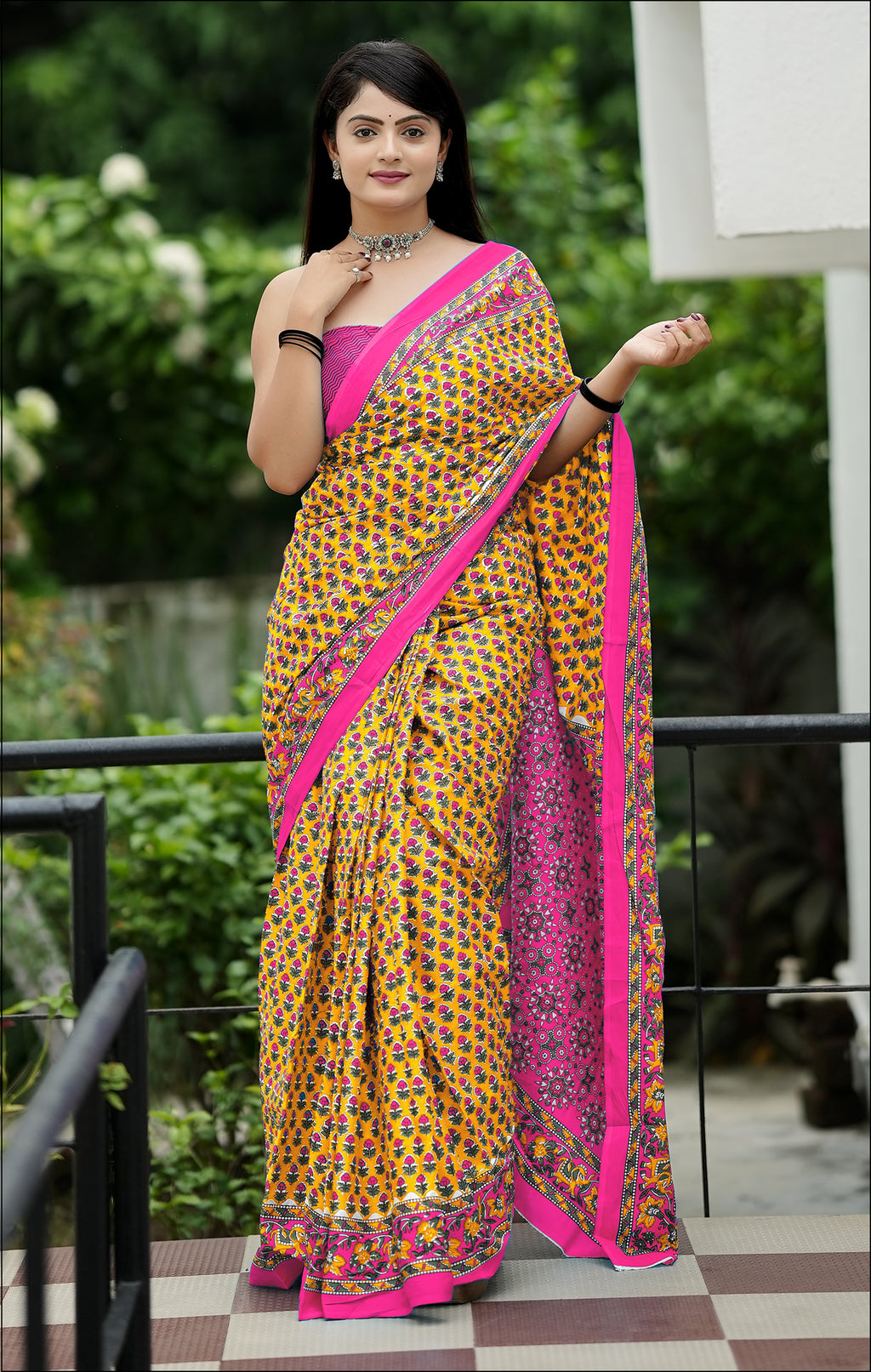 MISS JULIYANA PRIMUM COTTON JAIPUR BAGRU PRINTED COTTON MULMUL YELLOW SAREE