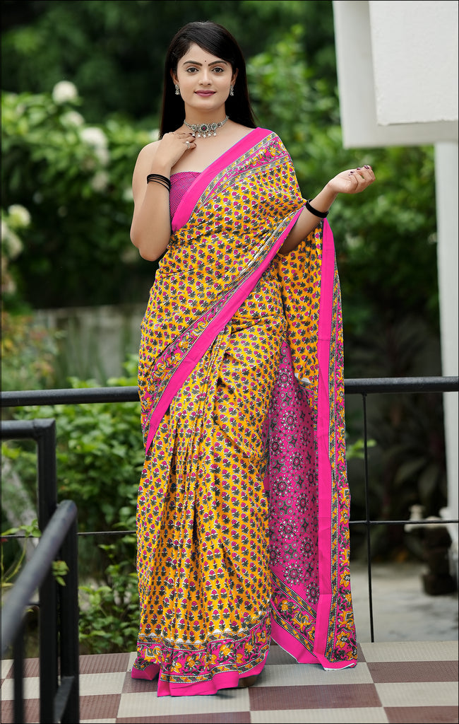 MISS JULIYANA PRIMUM COTTON JAIPUR BAGRU PRINTED COTTON MULMUL YELLOW SAREE