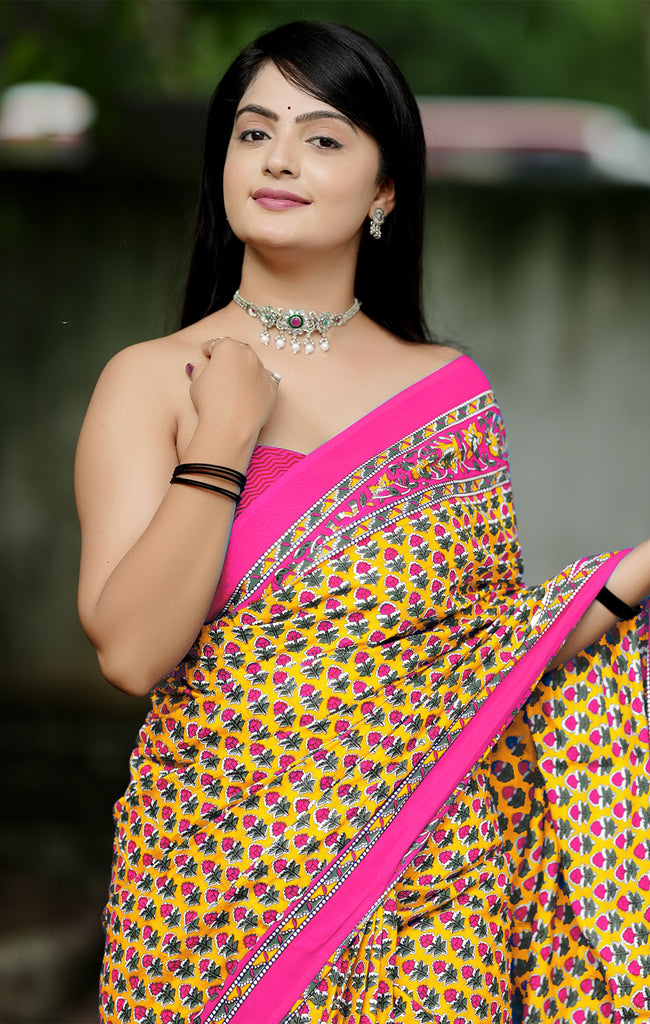MISS JULIYANA PRIMUM COTTON JAIPUR BAGRU PRINTED COTTON MULMUL YELLOW SAREE