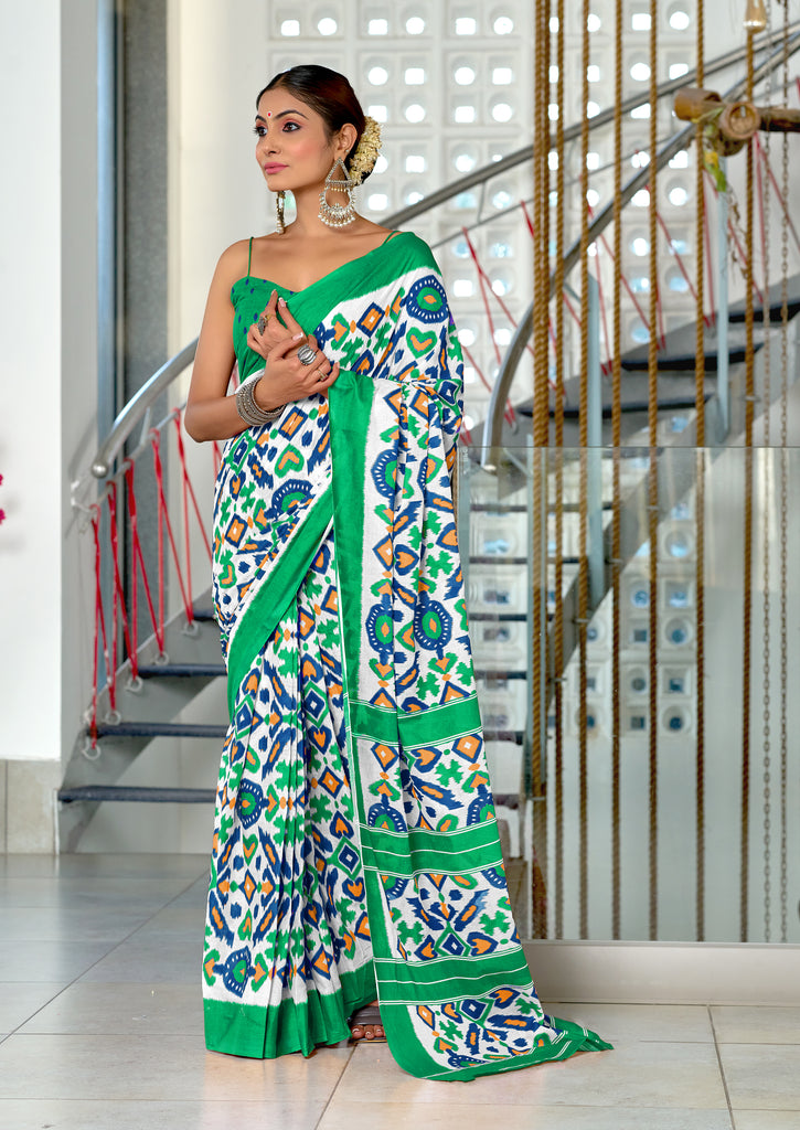 NAYANTHARA PURE MULMUL COTTON IKKAT PRINTD GREEN AND YELLOW SAREE