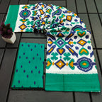 NAYANTHARA PURE MULMUL COTTON IKKAT PRINTD GREEN AND YELLOW SAREE