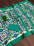 NAYANTHARA PURE MULMUL COTTON IKKAT PRINTD GREEN AND YELLOW SAREE