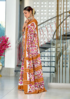 NAYANTHARA PURE MULMUL COTTON IKKAT PRINTD MUSTARD AND PINK SAREE