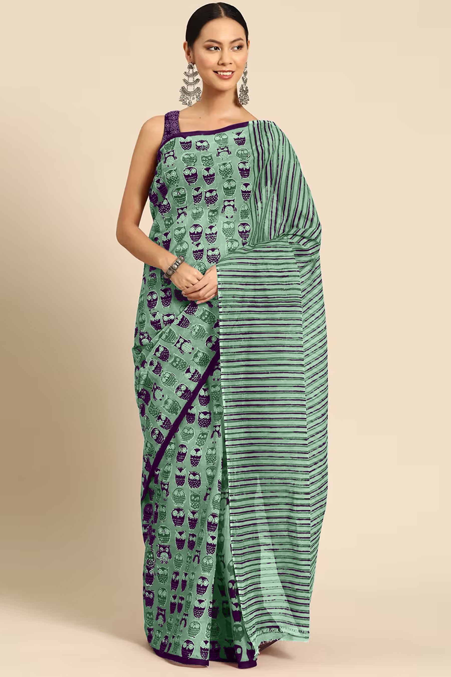 NIHAN SOFT PURE COTTON ABUTRACT HAND BLOCK PRINTED GREEN SAREE
