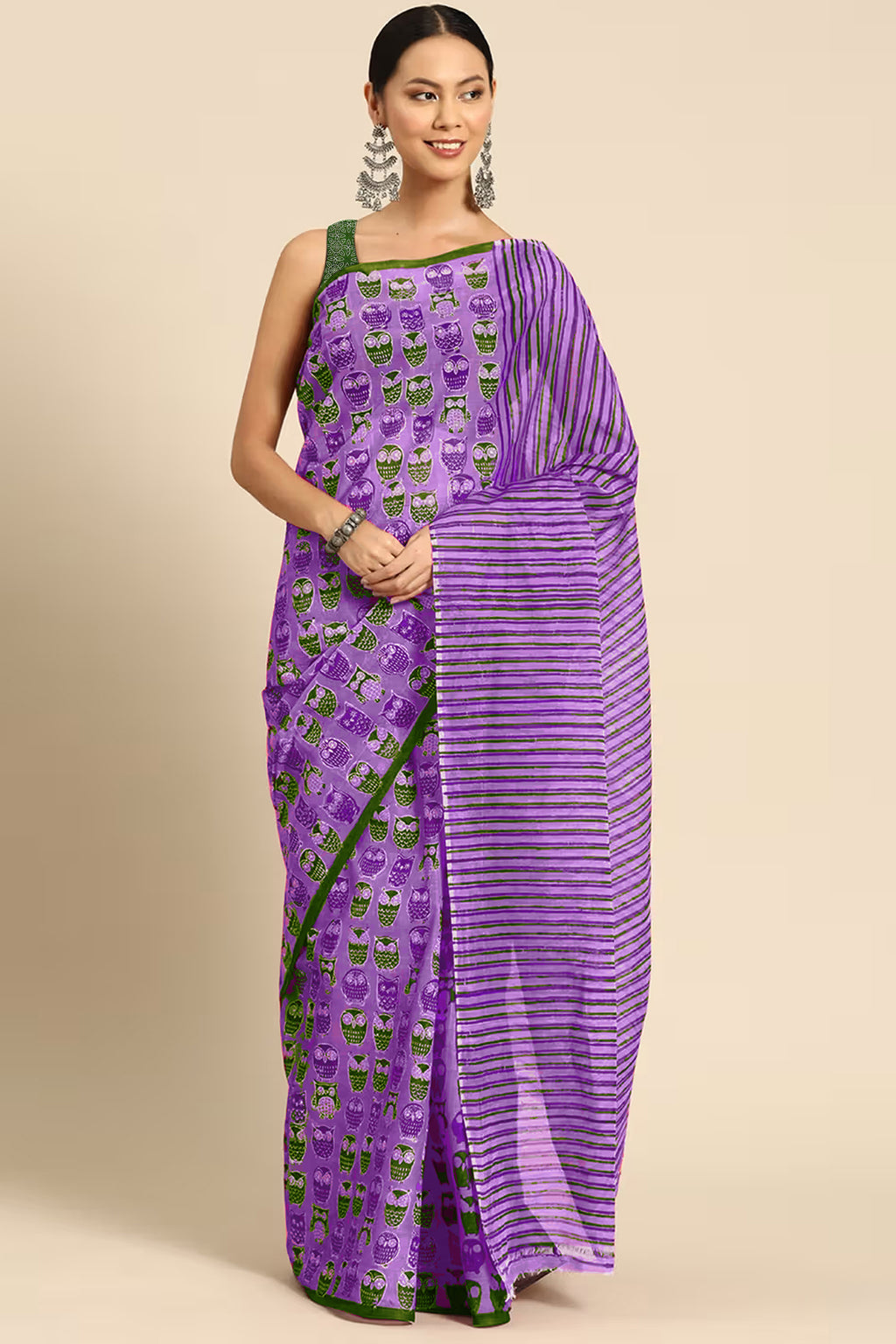 NIHAN SOFT PURE COTTON ABUTRACT HAND BLOCK PRINTED PURPLE SAREE