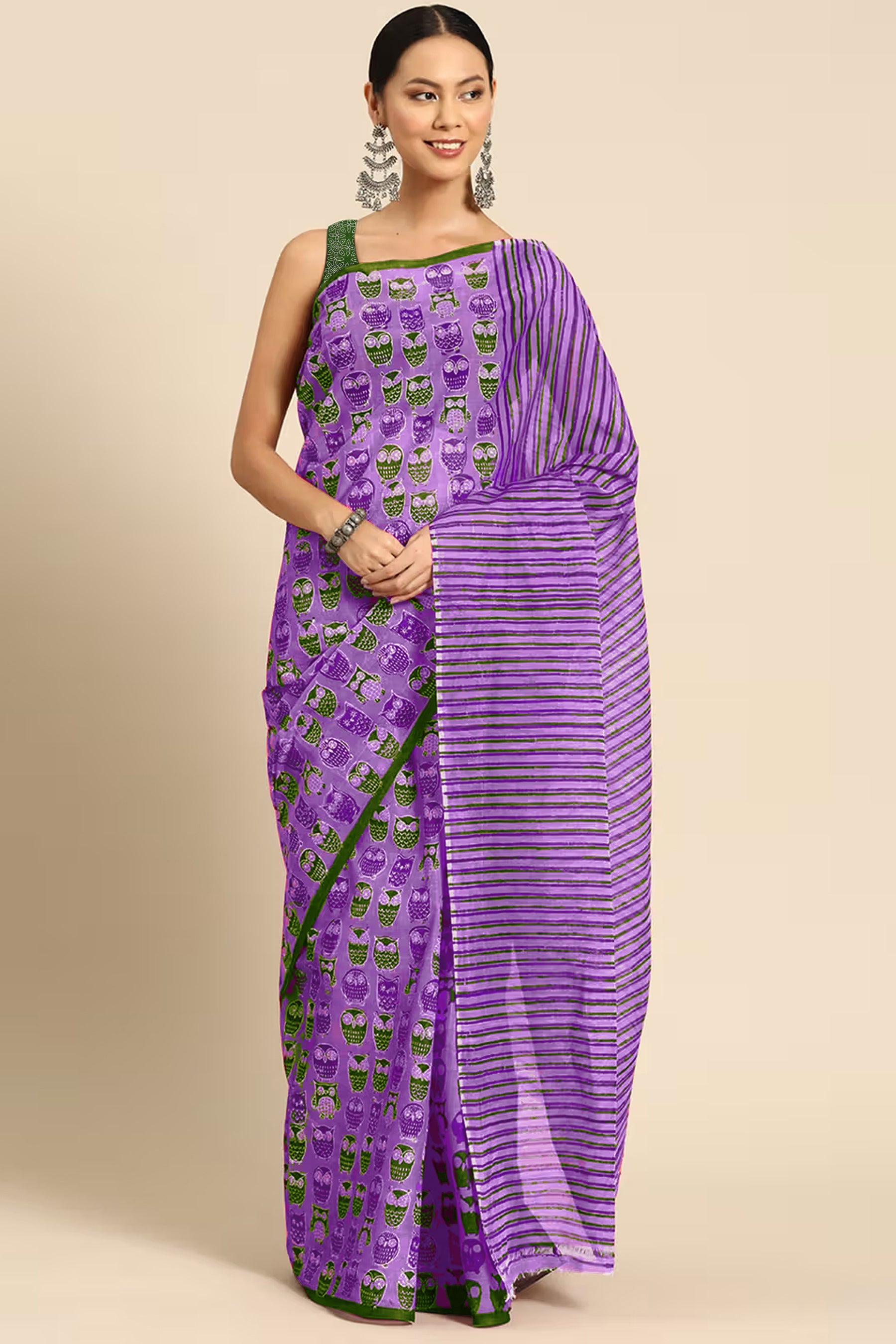NIHAN SOFT PURE COTTON ABUTRACT HAND BLOCK PRINTED PURPLE SAREE