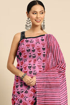 NIHAN SOFT PURE COTTON ABUTRACT HAND BLOCK PRINTED PINK SAREE