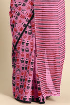 NIHAN SOFT PURE COTTON ABUTRACT HAND BLOCK PRINTED PINK SAREE