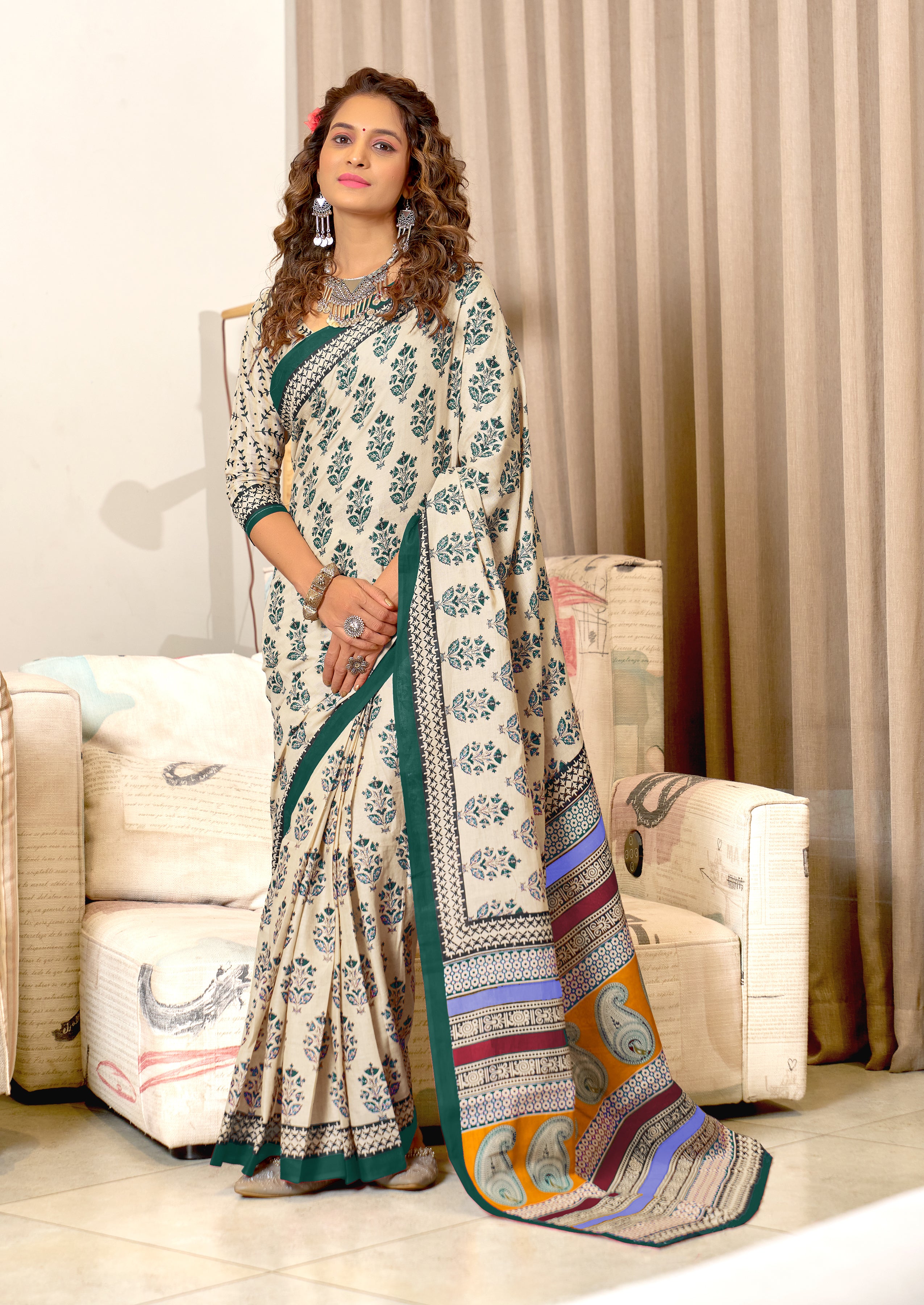 NIRMALA PURE MULMUL COTTON HAND BLOCK PRINT GREEN SAREE