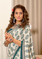 NIRMALA PURE MULMUL COTTON HAND BLOCK PRINT GREEN SAREE
