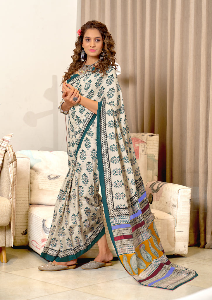 NIRMALA PURE MULMUL COTTON HAND BLOCK PRINT GREEN SAREE