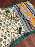 NIRMALA PURE MULMUL COTTON HAND BLOCK PRINT GREEN SAREE