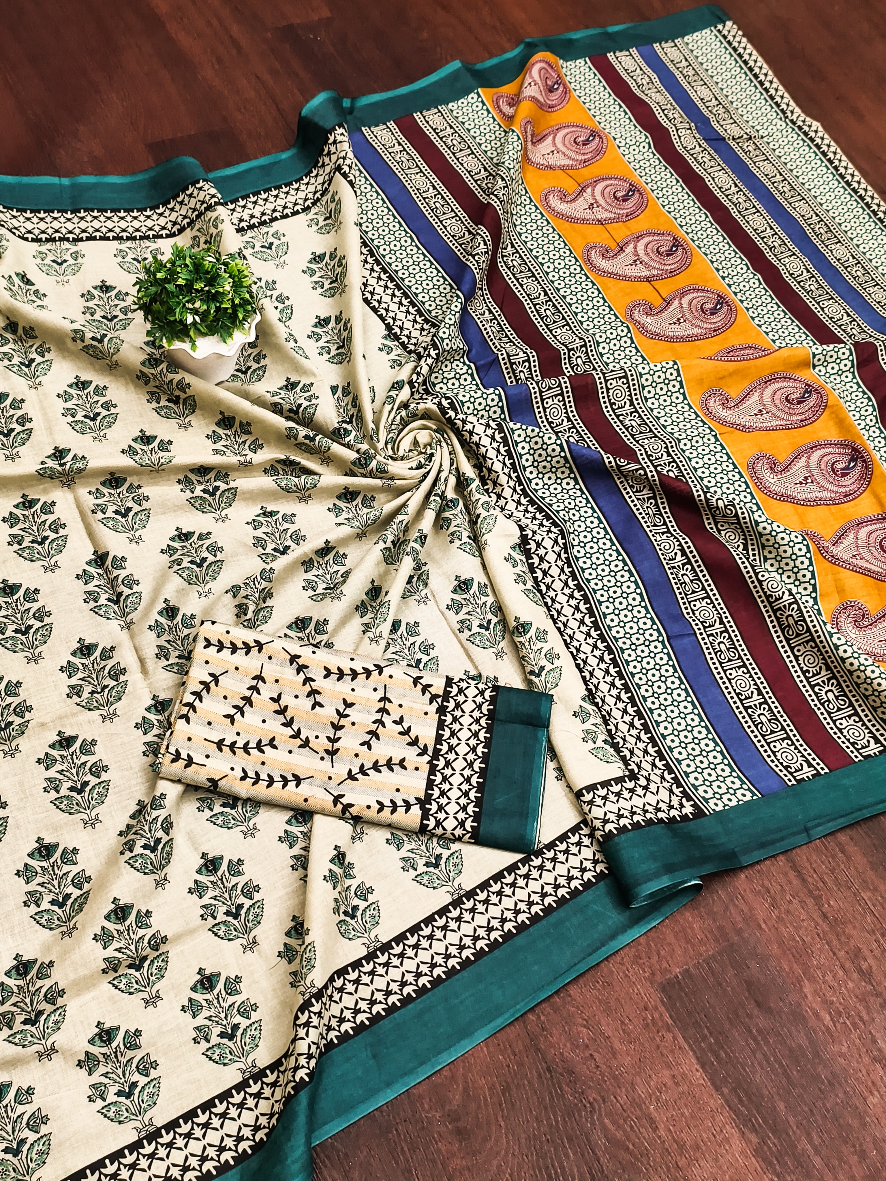 NIRMALA PURE MULMUL COTTON HAND BLOCK PRINT GREEN SAREE
