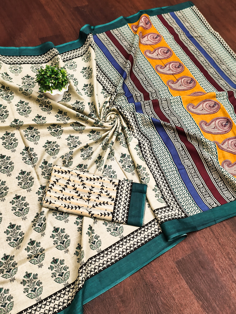 NIRMALA PURE MULMUL COTTON HAND BLOCK PRINT GREEN SAREE