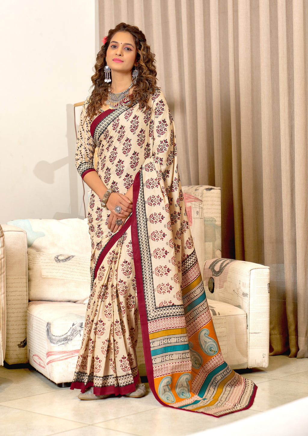 NIRMALA PURE MULMUL COTTON HAND BLOCK PRINT MAROON SAREE