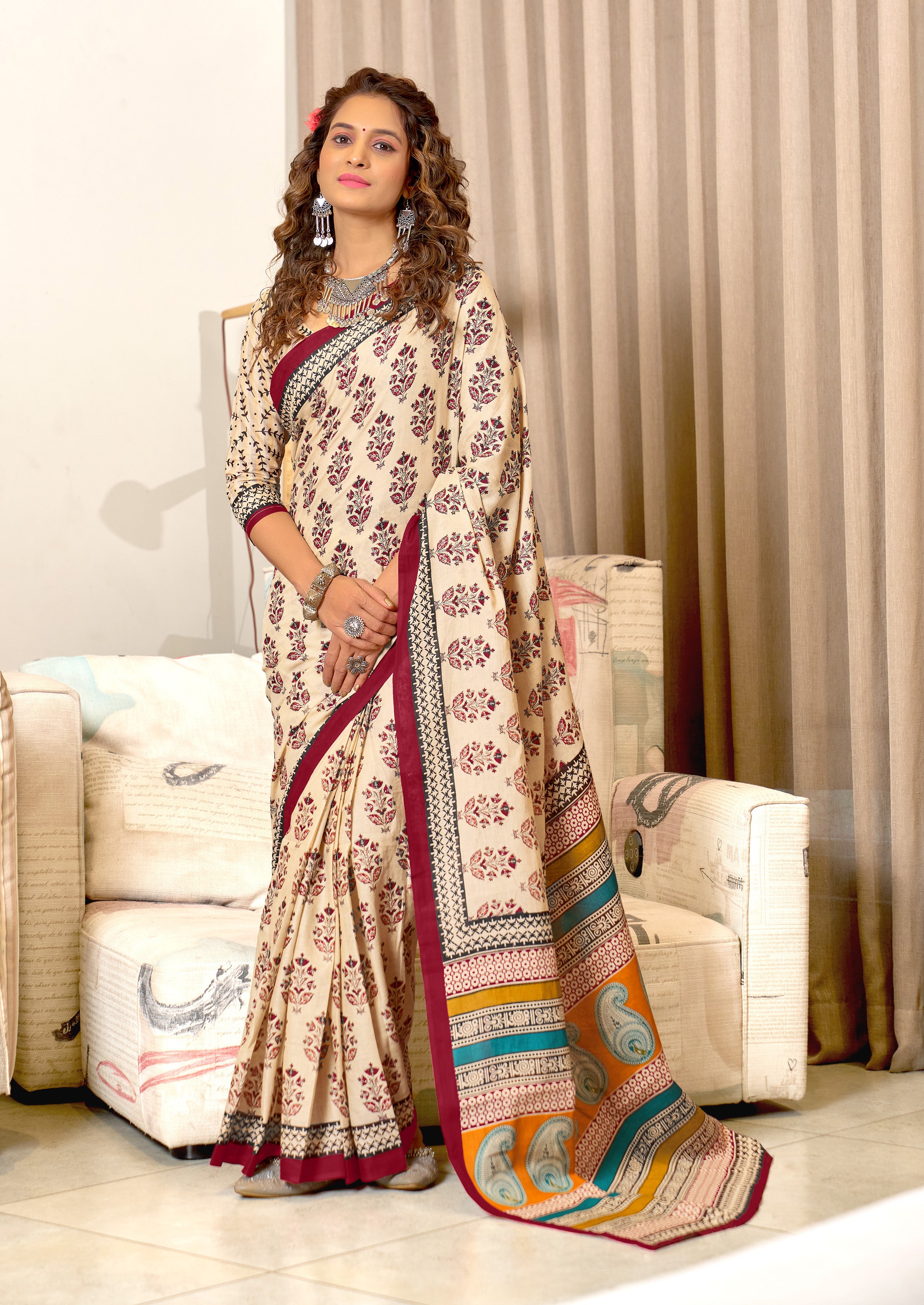 NIRMALA PURE MULMUL COTTON HAND BLOCK PRINT MAROON SAREE