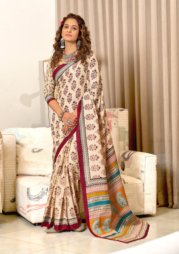 NIRMALA PURE MULMUL COTTON HAND BLOCK PRINT MAROON SAREE