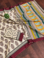 NIRMALA PURE MULMUL COTTON HAND BLOCK PRINT MAROON SAREE