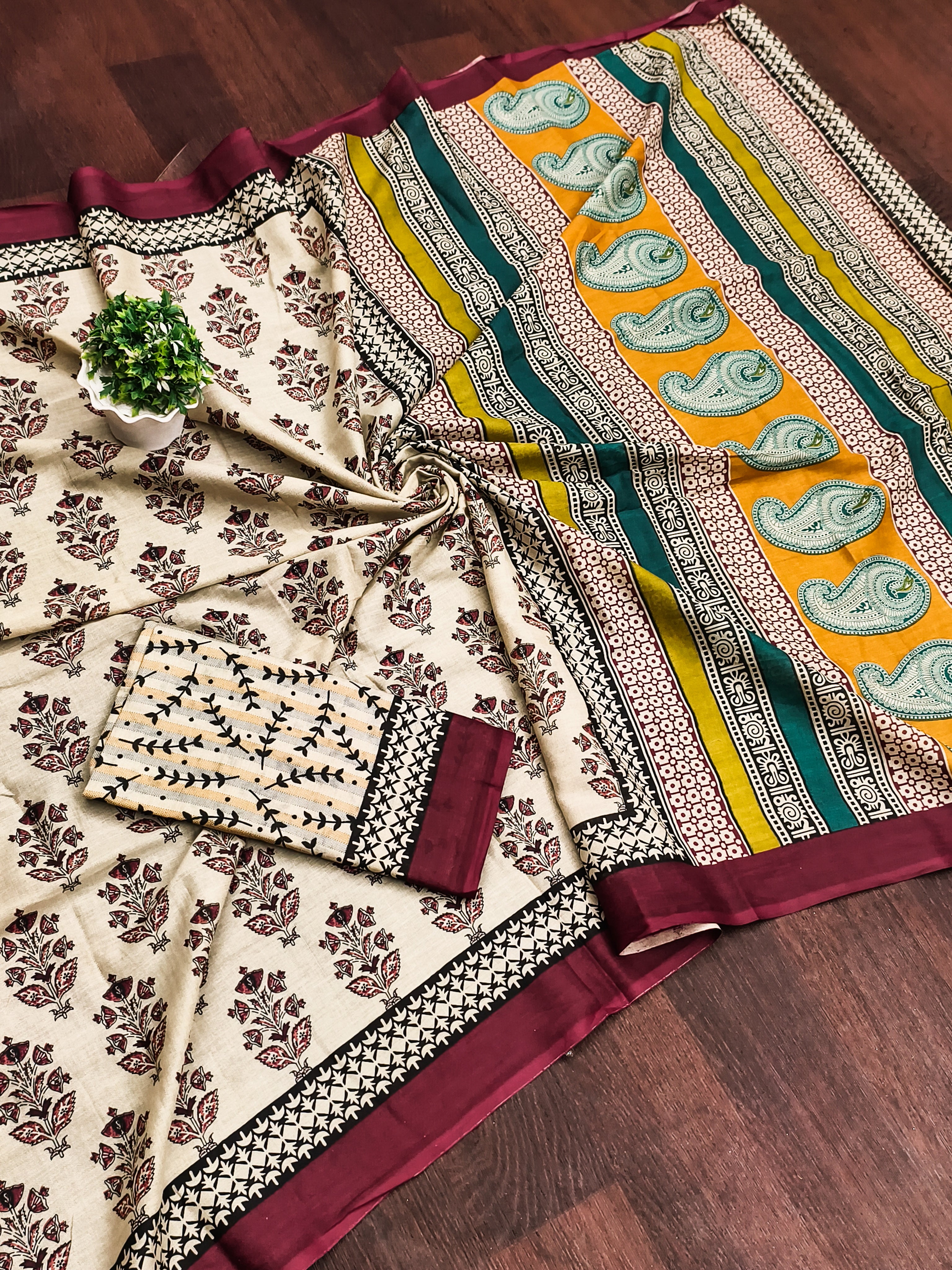 NIRMALA PURE MULMUL COTTON HAND BLOCK PRINT MAROON SAREE