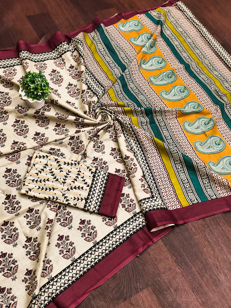 NIRMALA PURE MULMUL COTTON HAND BLOCK PRINT MAROON SAREE